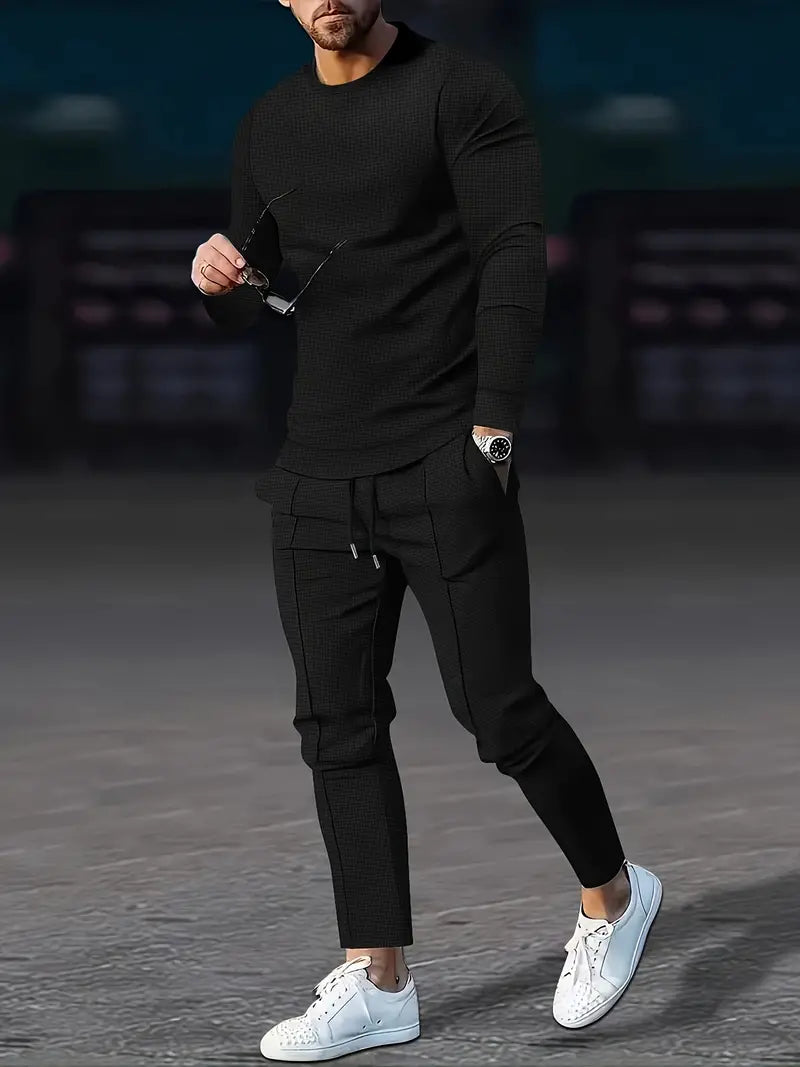 Conjunto de jogger confortável masculino de 2 peças – moletom relaxado com gola redonda