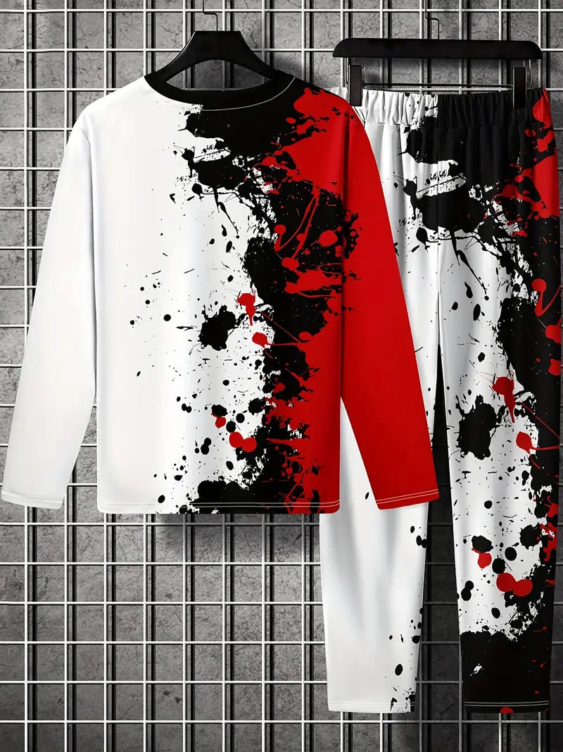 Conjunto de 2 peças de lazer de verão masculino, camiseta masculina de manga cumprida, gola redonda