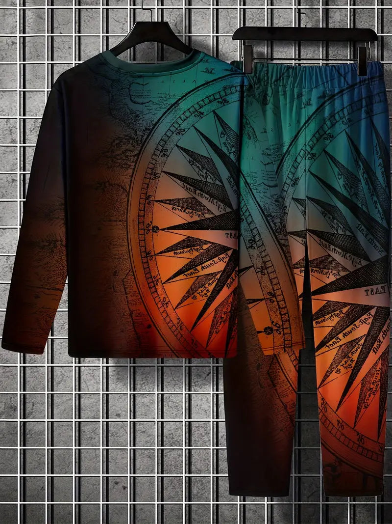 Conjunto de 2 peças de lazer de verão masculino, camiseta masculina de manga cumprida, gola redonda