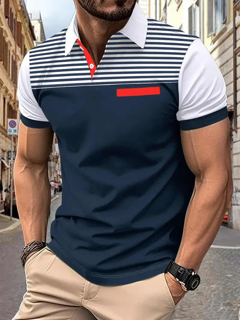 Camiseta de golfe listrada de ajuste regular, camiseta casual de gola V de manga curta