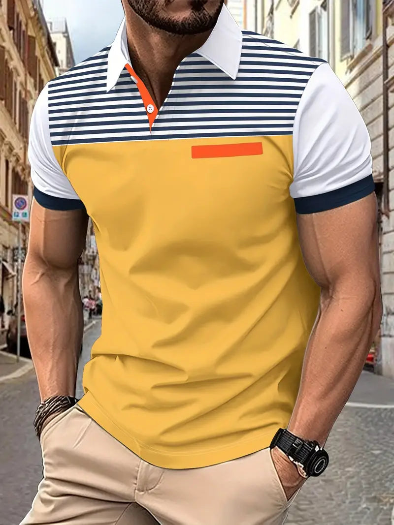 Camiseta de golfe listrada de ajuste regular, camiseta casual de gola V de manga curta