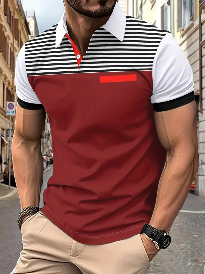 Camiseta de golfe listrada de ajuste regular, camiseta casual de gola V de manga curta