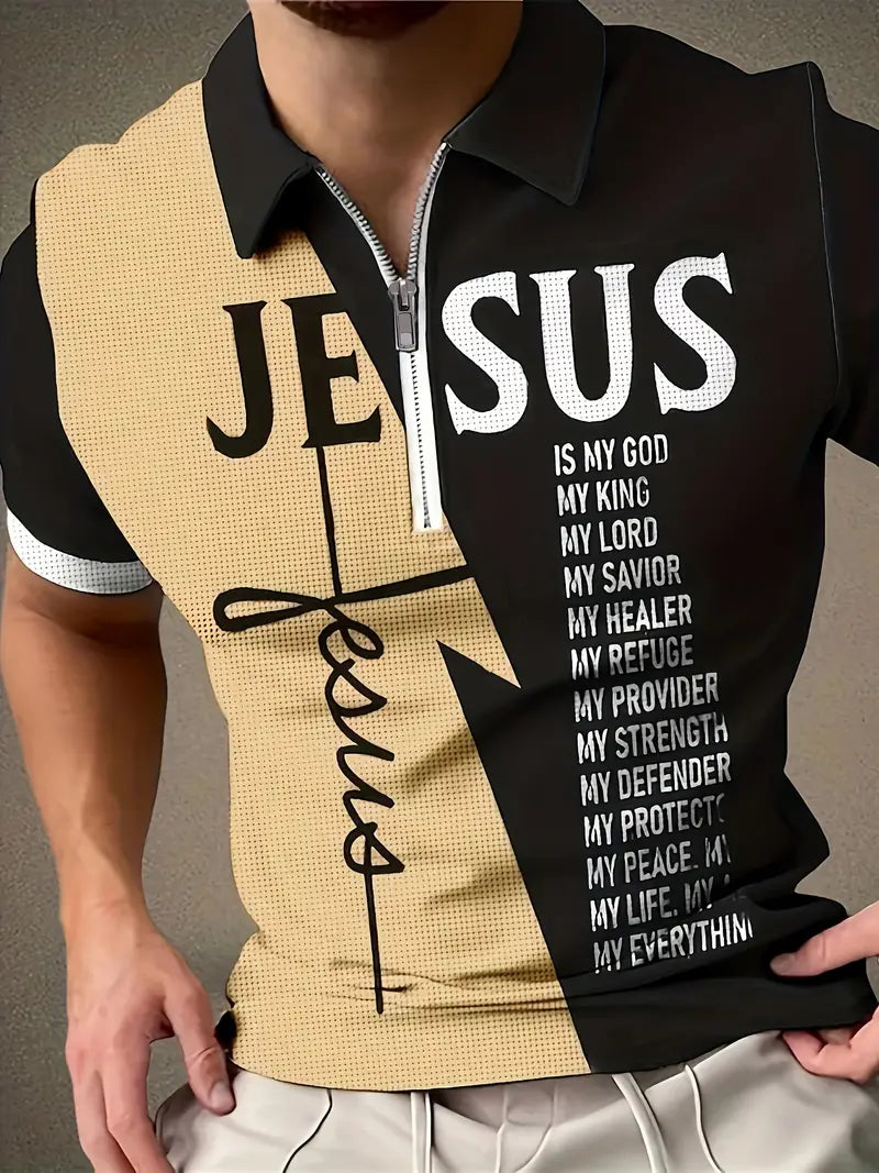 Camisetas macsulinas, gráficas de manga curta com zíper 1/4 e gola lapela, com estampa em padrão 'JESUS