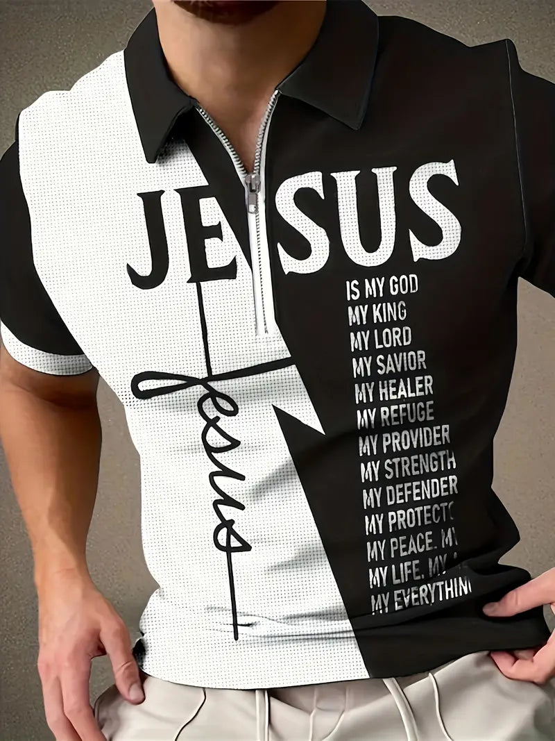 Camisetas macsulinas, gráficas de manga curta com zíper 1/4 e gola lapela, com estampa em padrão 'JESUS