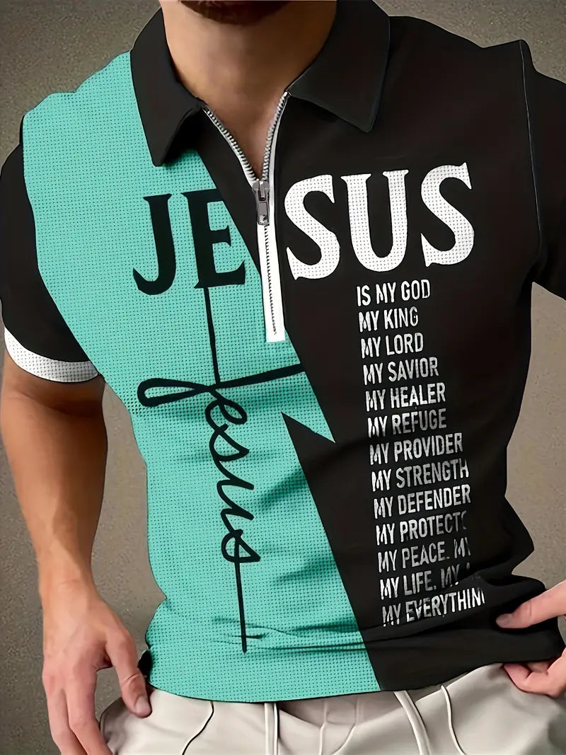Camisetas macsulinas, gráficas de manga curta com zíper 1/4 e gola lapela, com estampa em padrão 'JESUS