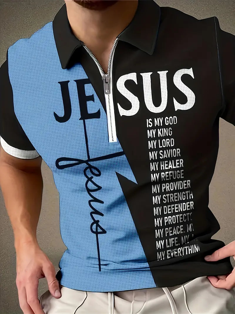 Camisetas macsulinas, gráficas de manga curta com zíper 1/4 e gola lapela, com estampa em padrão 'JESUS