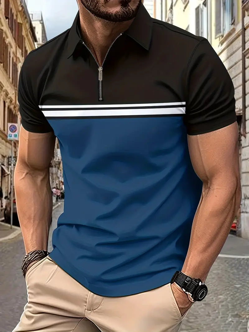 Camiseta de golfe com bloco de cores, ajuste regular e respirável, camiseta casual de mangas curtas com decote em V