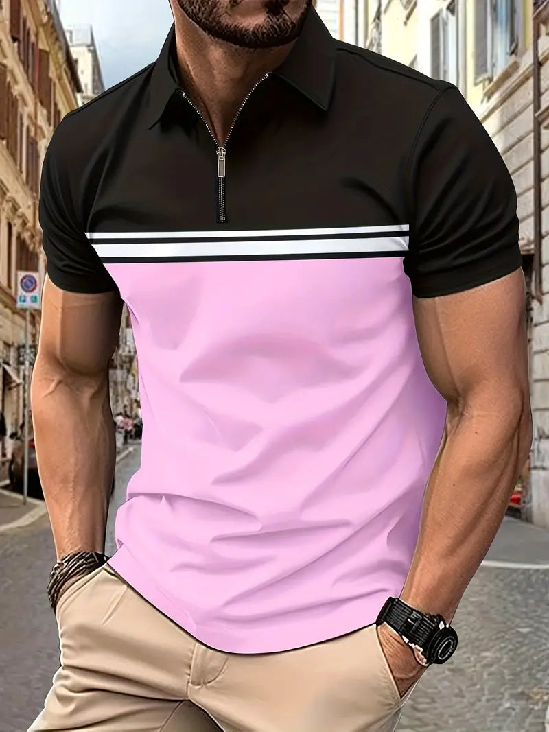 Camiseta de golfe com bloco de cores, ajuste regular e respirável, camiseta casual de mangas curtas com decote em V