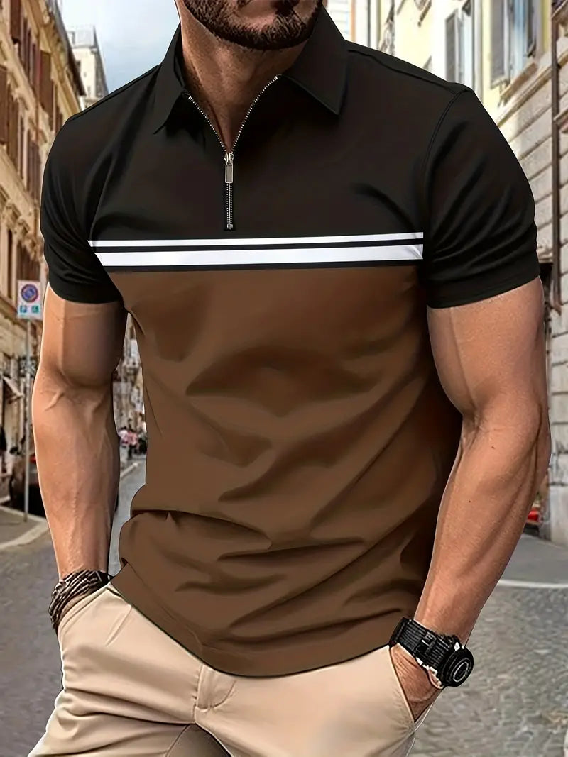 Camiseta de golfe com bloco de cores, ajuste regular e respirável, camiseta casual de mangas curtas com decote em V