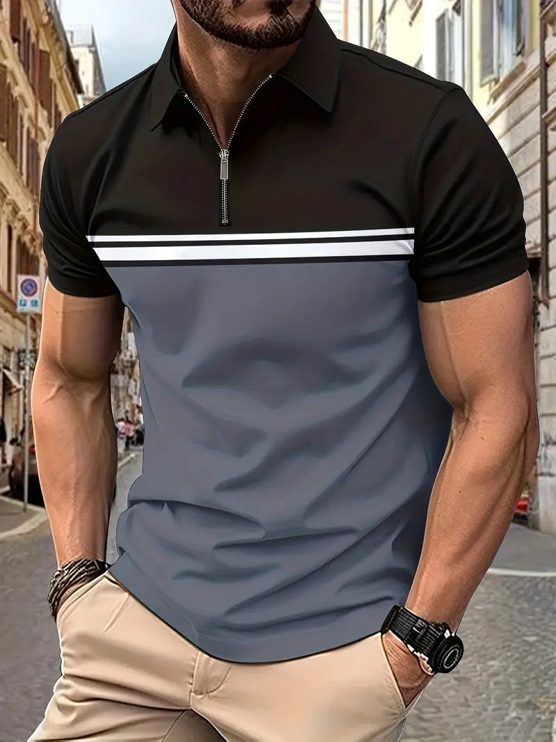 Camiseta de golfe com bloco de cores, ajuste regular e respirável, camiseta casual de mangas curtas com decote em V