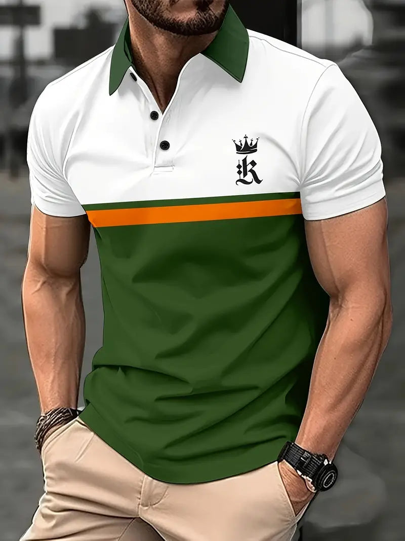 Camiseta listrada masculina de manga curta com botões para caminhadas na cidade e actividades ao ar livre
