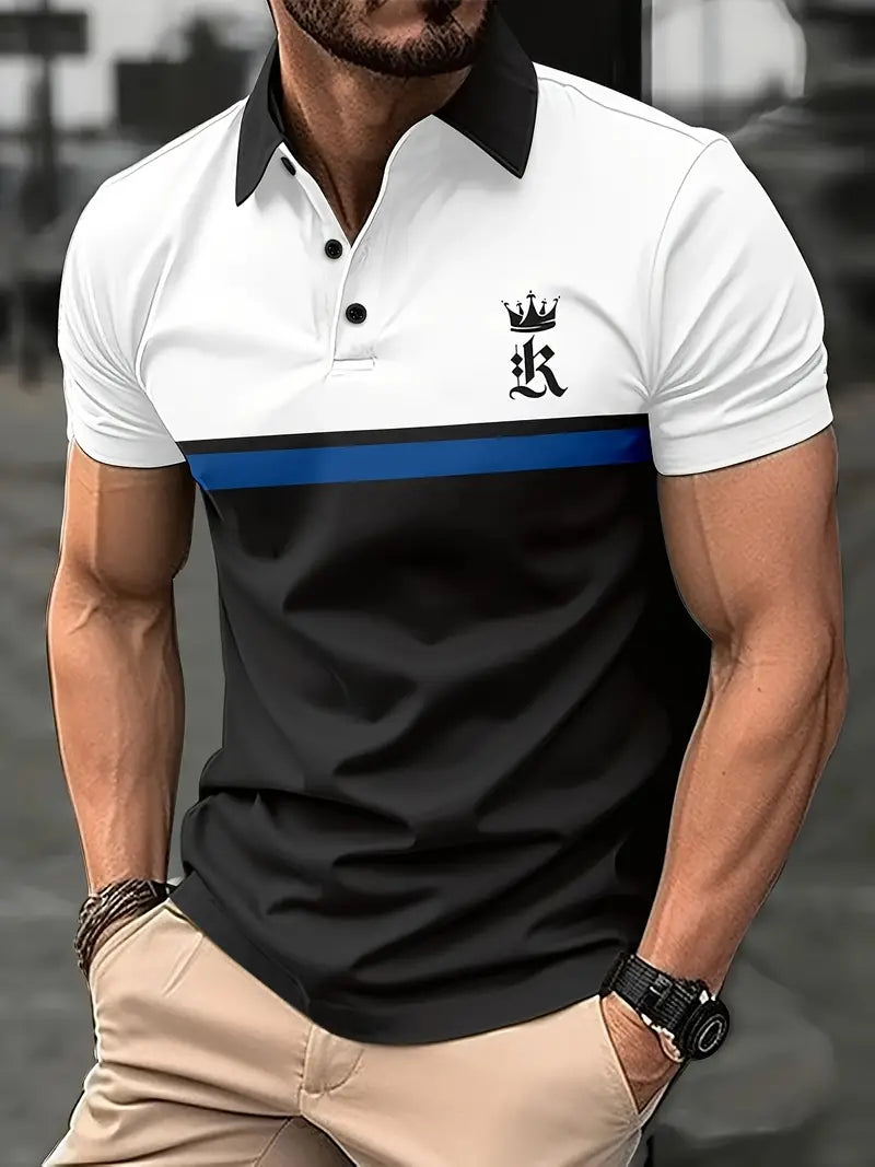Camiseta listrada masculina de manga curta com botões para caminhadas na cidade e actividades ao ar livre