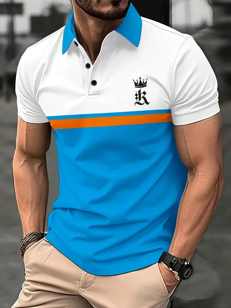 Camiseta listrada masculina de manga curta com botões para caminhadas na cidade e actividades ao ar livre