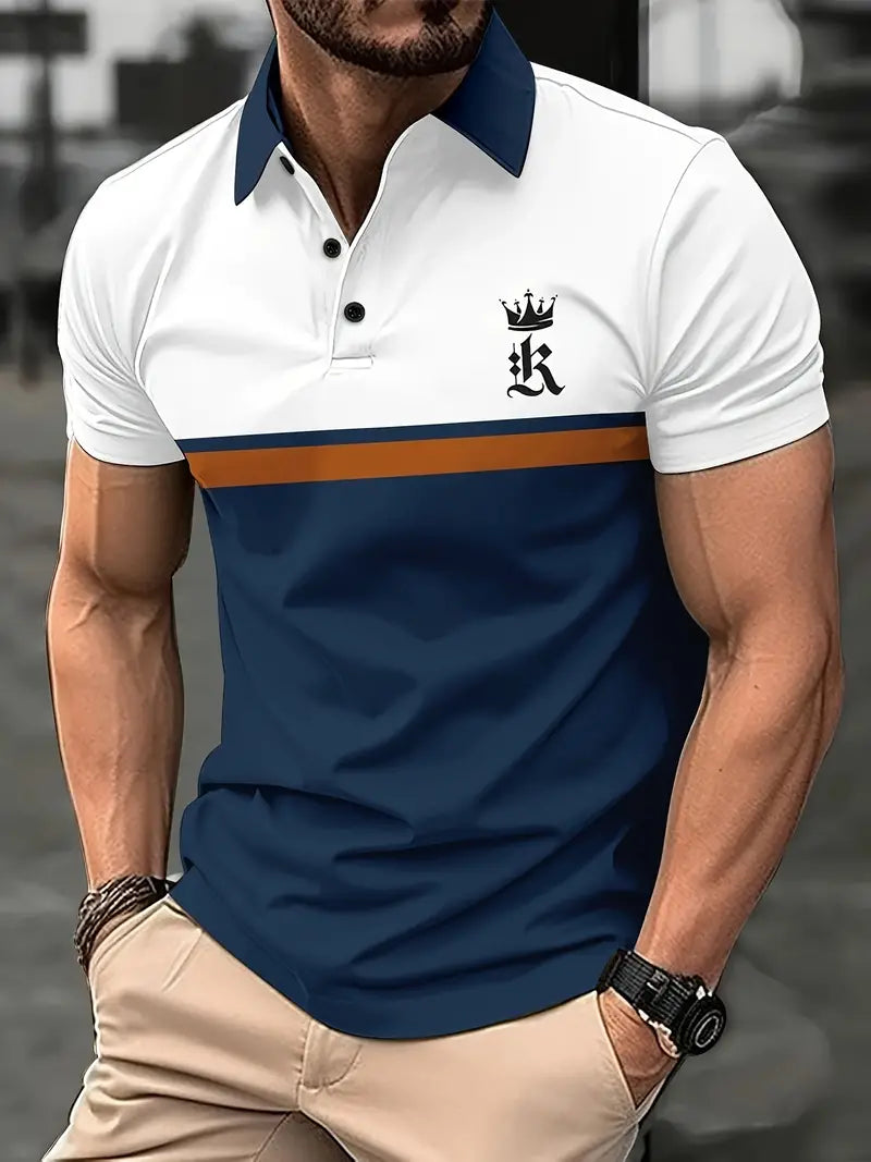 Camiseta listrada masculina de manga curta com botões para caminhadas na cidade e actividades ao ar livre