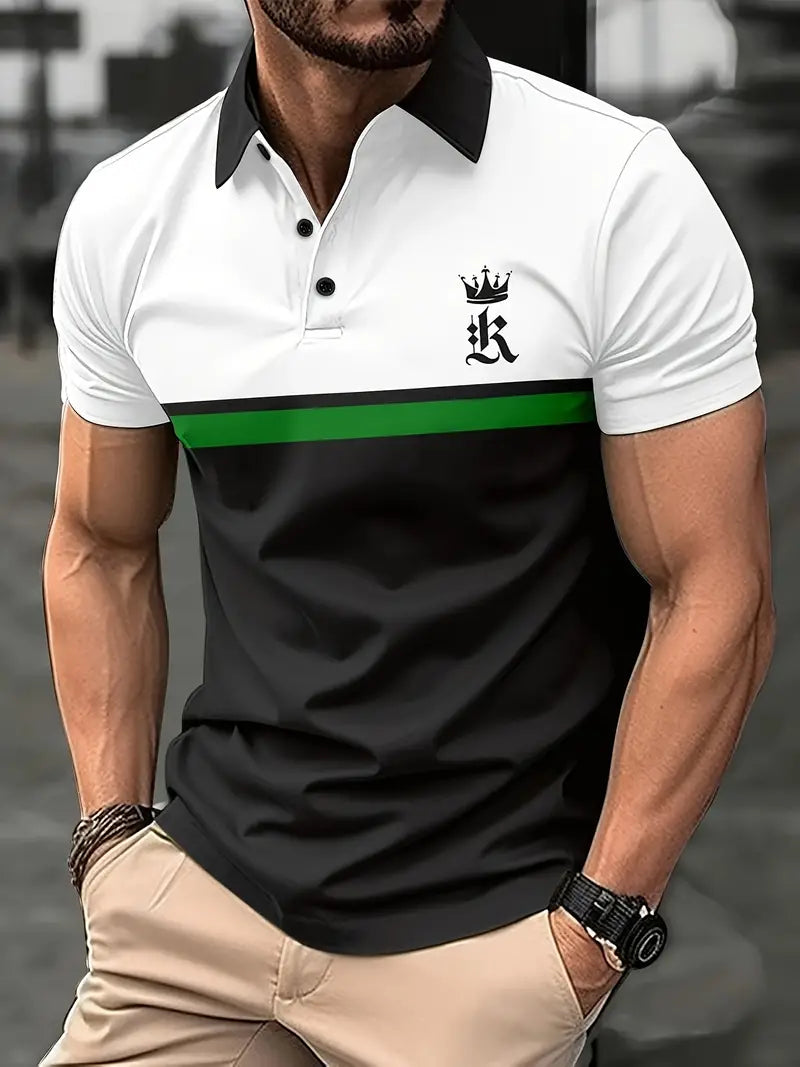 Camiseta listrada masculina de manga curta com botões para caminhadas na cidade e actividades ao ar livre