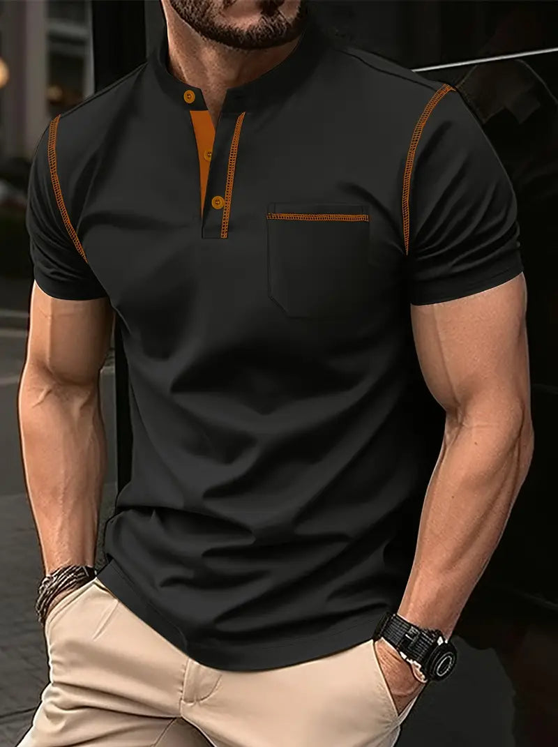 Camiseta de golfe de manga curta com gola alta para homens, estilo casual com leve elasticidade e caimento regular