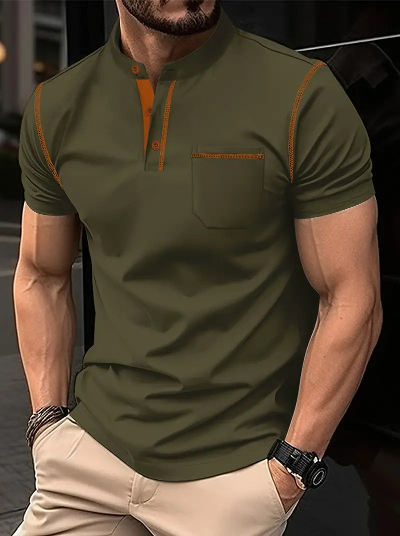 Camiseta de golfe de manga curta com gola alta para homens, estilo casual com leve elasticidade e caimento regular