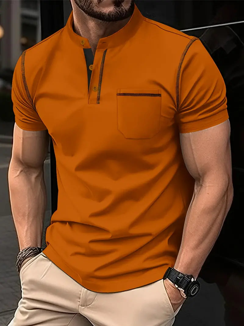 Camiseta de golfe de manga curta com gola alta para homens, estilo casual com leve elasticidade e caimento regular