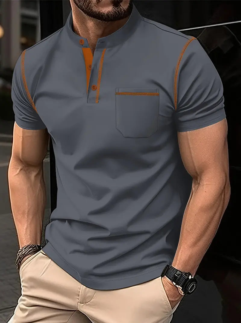 Camiseta de golfe de manga curta com gola alta para homens, estilo casual com leve elasticidade e caimento regular