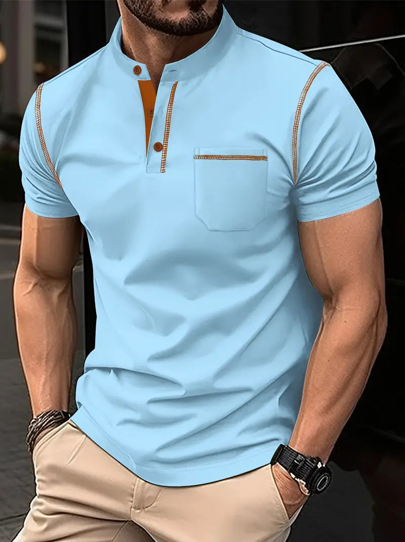 Camiseta de golfe de manga curta com gola alta para homens, estilo casual com leve elasticidade e caimento regular