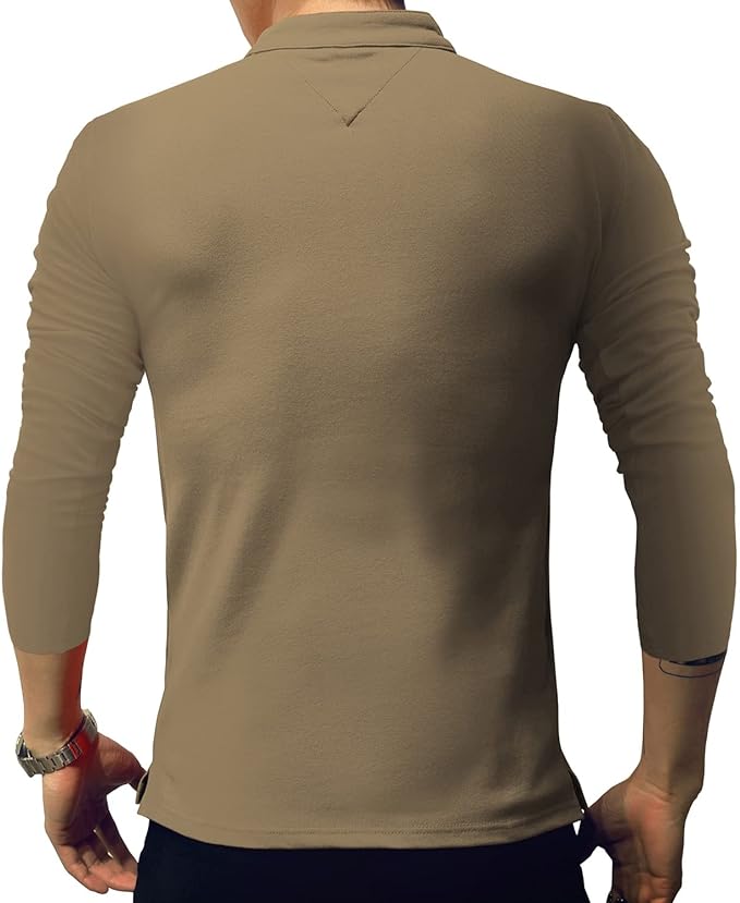 Camisa polo masculina fashion manga comprida slim fit Henley camisetas roupas de algodão