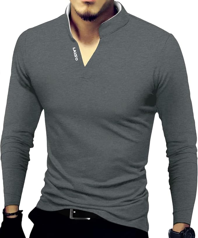 Camisa polo masculina fashion manga comprida slim fit Henley camisetas roupas de algodão