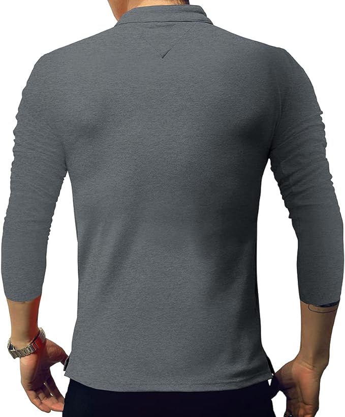 Camisa polo masculina fashion manga comprida slim fit Henley camisetas roupas de algodão