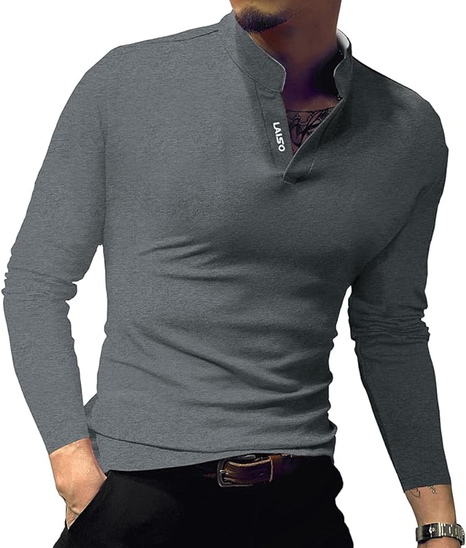 Camisa polo masculina fashion manga comprida slim fit Henley camisetas roupas de algodão