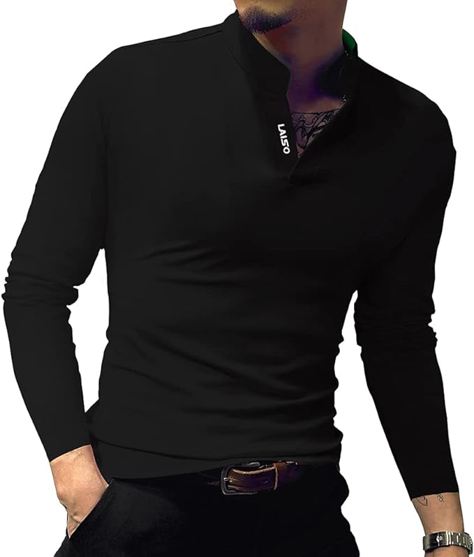 Camisa polo masculina fashion manga comprida slim fit Henley camisetas roupas de algodão