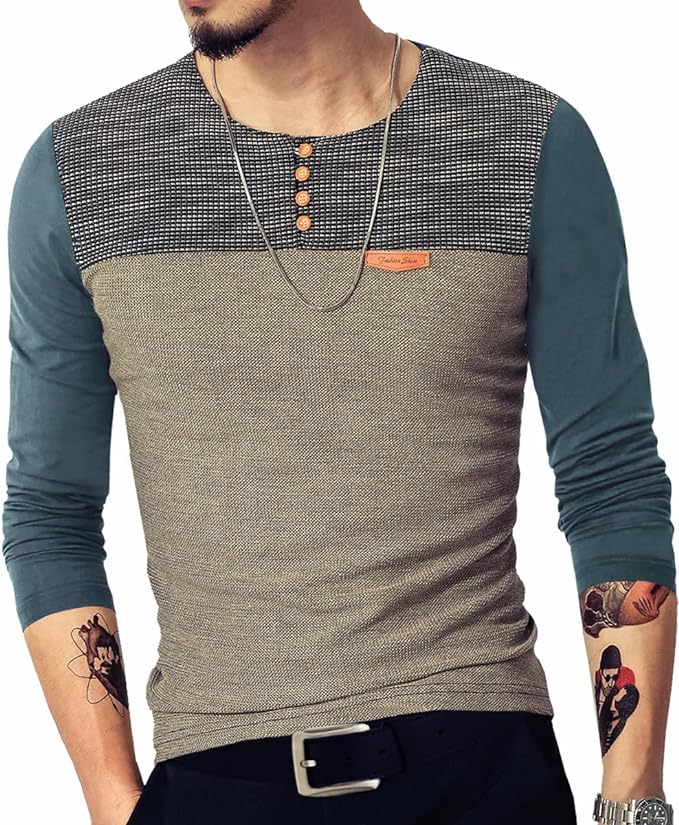 Camisetas masculinas justas casuais de manga comprida com botões e costura em cores contrastantes