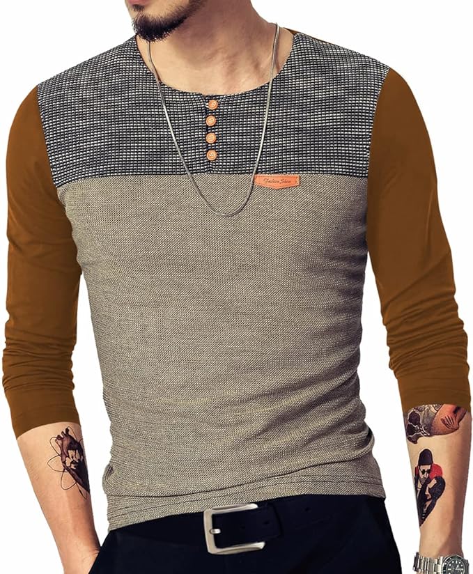 Camisetas masculinas justas casuais de manga comprida com botões e costura em cores contrastantes