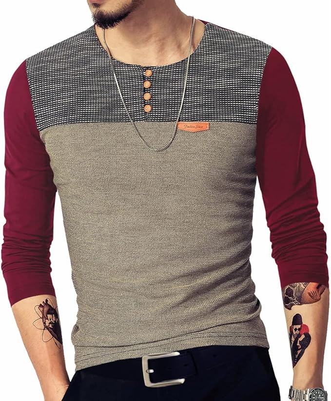 Camisetas masculinas justas casuais de manga comprida com botões e costura em cores contrastantes