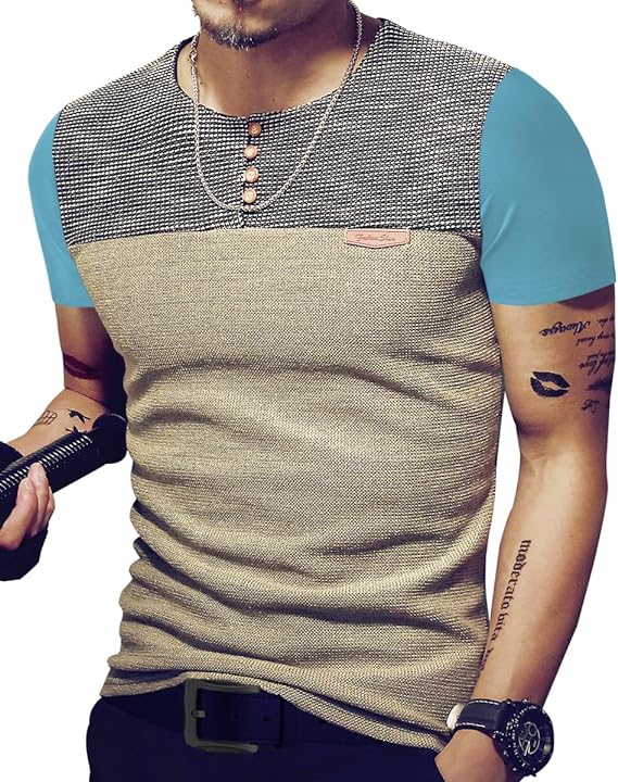 Camisetas masculinas justas casuais de manga curta com botões e costura em cores contrastantes