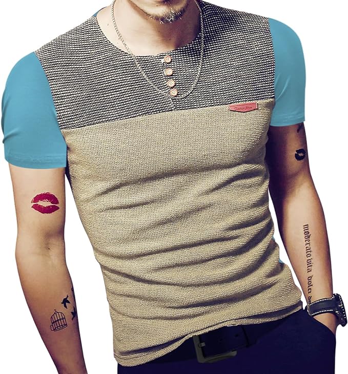 Camisetas masculinas justas casuais de manga curta com botões e costura em cores contrastantes