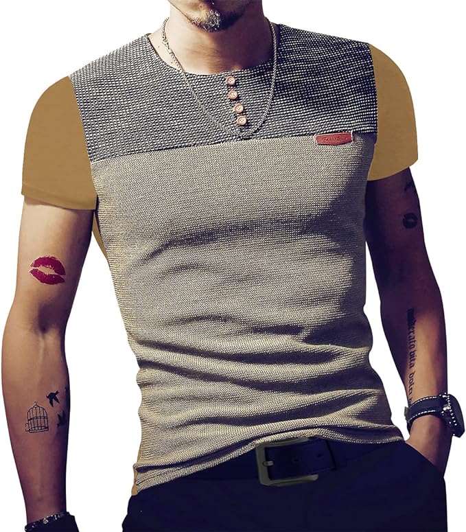 Camisetas masculinas justas casuais de manga curta com botões e costura em cores contrastantes