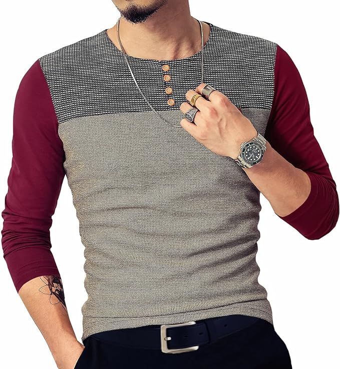 Camisetas masculinas justas casuais de manga comprida com botões e costura em cores contrastantes