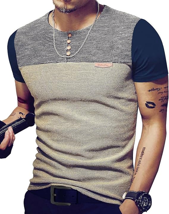 Camisetas masculinas justas casuais de manga curta com botões e costura em cores contrastantes