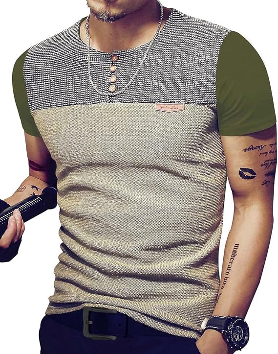 Camisetas masculinas justas casuais de manga curta com botões e costura em cores contrastantes