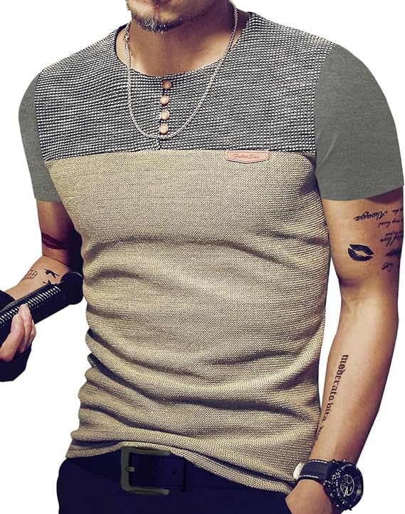 Camisetas masculinas justas casuais de manga curta com botões e costura em cores contrastantes