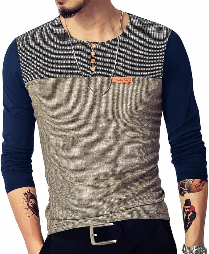 Camisetas masculinas justas casuais de manga comprida com botões e costura em cores contrastantes