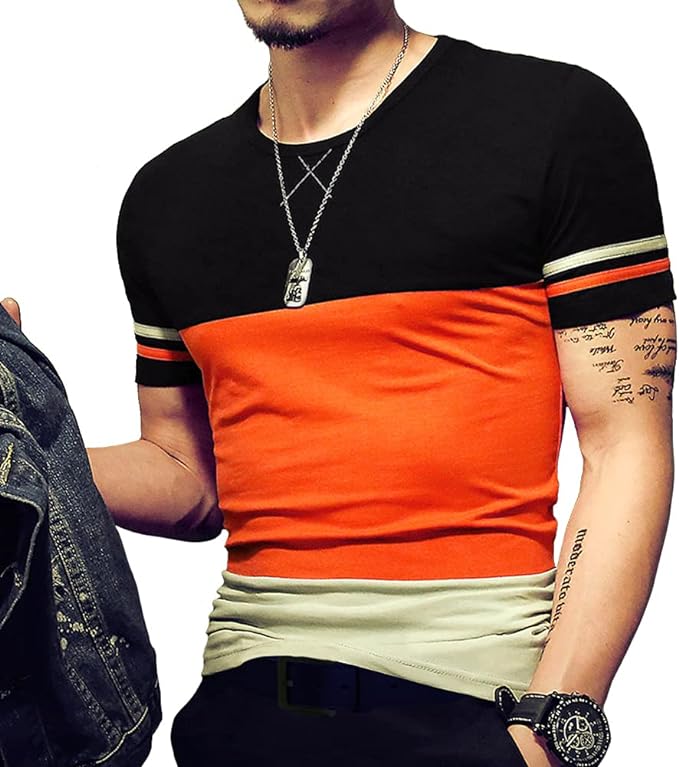 Camiseta masculina slim fit de manga curta, camiseta de algodão com costura em cores contrastantes