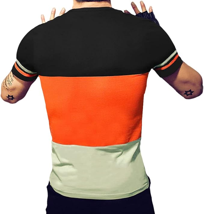 Camiseta masculina slim fit de manga curta, camiseta de algodão com costura em cores contrastantes