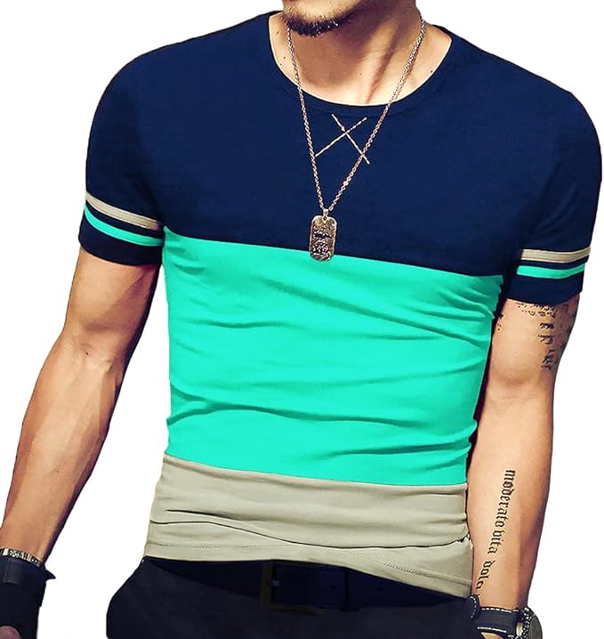 Camiseta masculina slim fit de manga curta, camiseta de algodão com costura em cores contrastantes