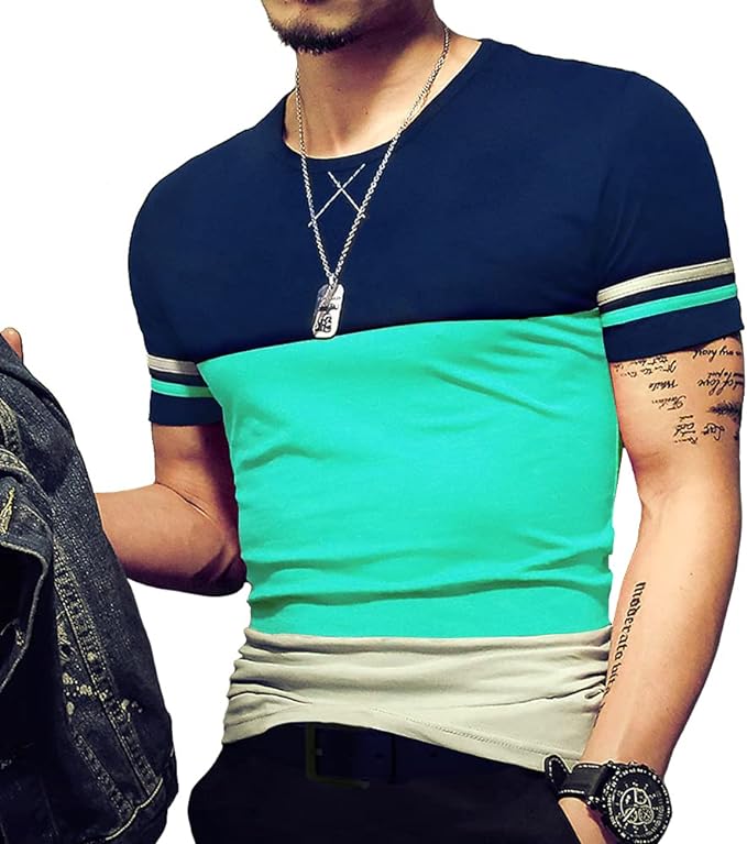 Camiseta masculina slim fit de manga curta, camiseta de algodão com costura em cores contrastantes