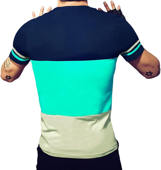 Camiseta masculina slim fit de manga curta, camiseta de algodão com costura em cores contrastantes