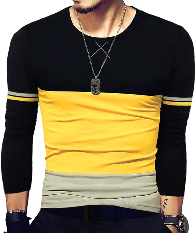 Camiseta masculina slim fit de manga curta, camiseta de algodão com costura em cores contrastantes