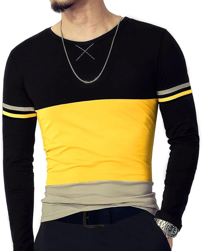 Camiseta masculina slim fit de manga curta, camiseta de algodão com costura em cores contrastantes