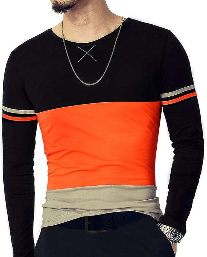 Camiseta masculina slim fit de manga curta, camiseta de algodão com costura em cores contrastantes