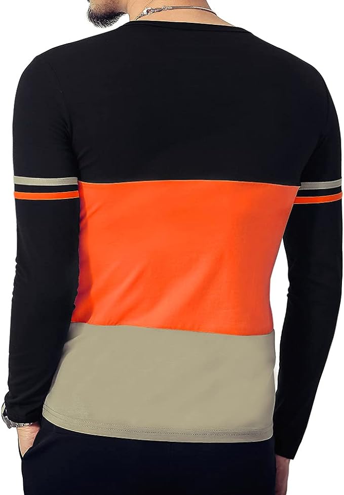Camiseta masculina slim fit de manga curta, camiseta de algodão com costura em cores contrastantes