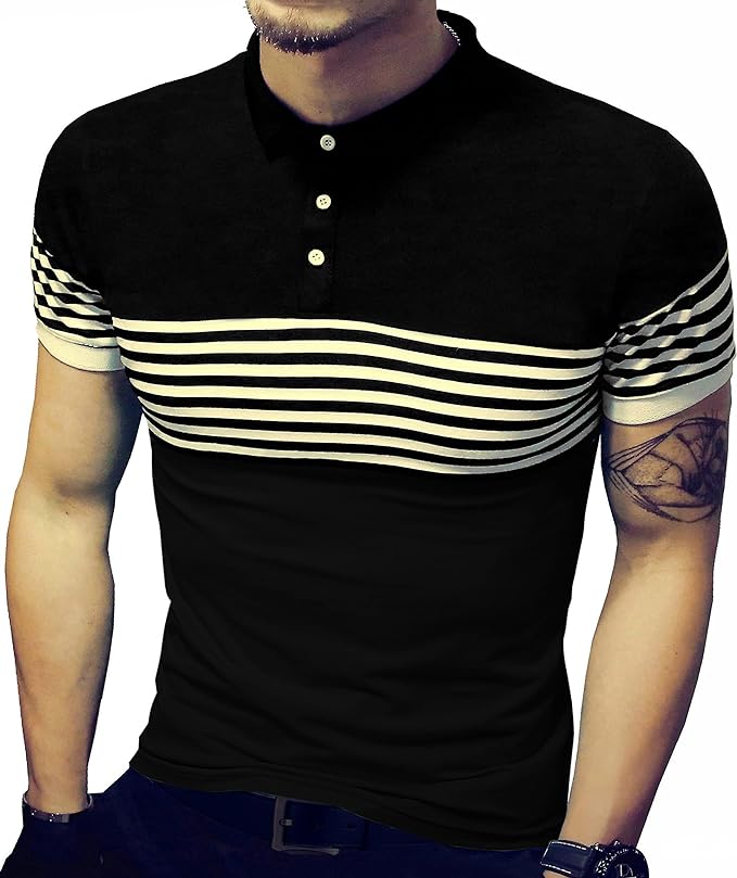 Camisetas masculinas verão slim fit contraste cor costura listrada manga curta polo casual